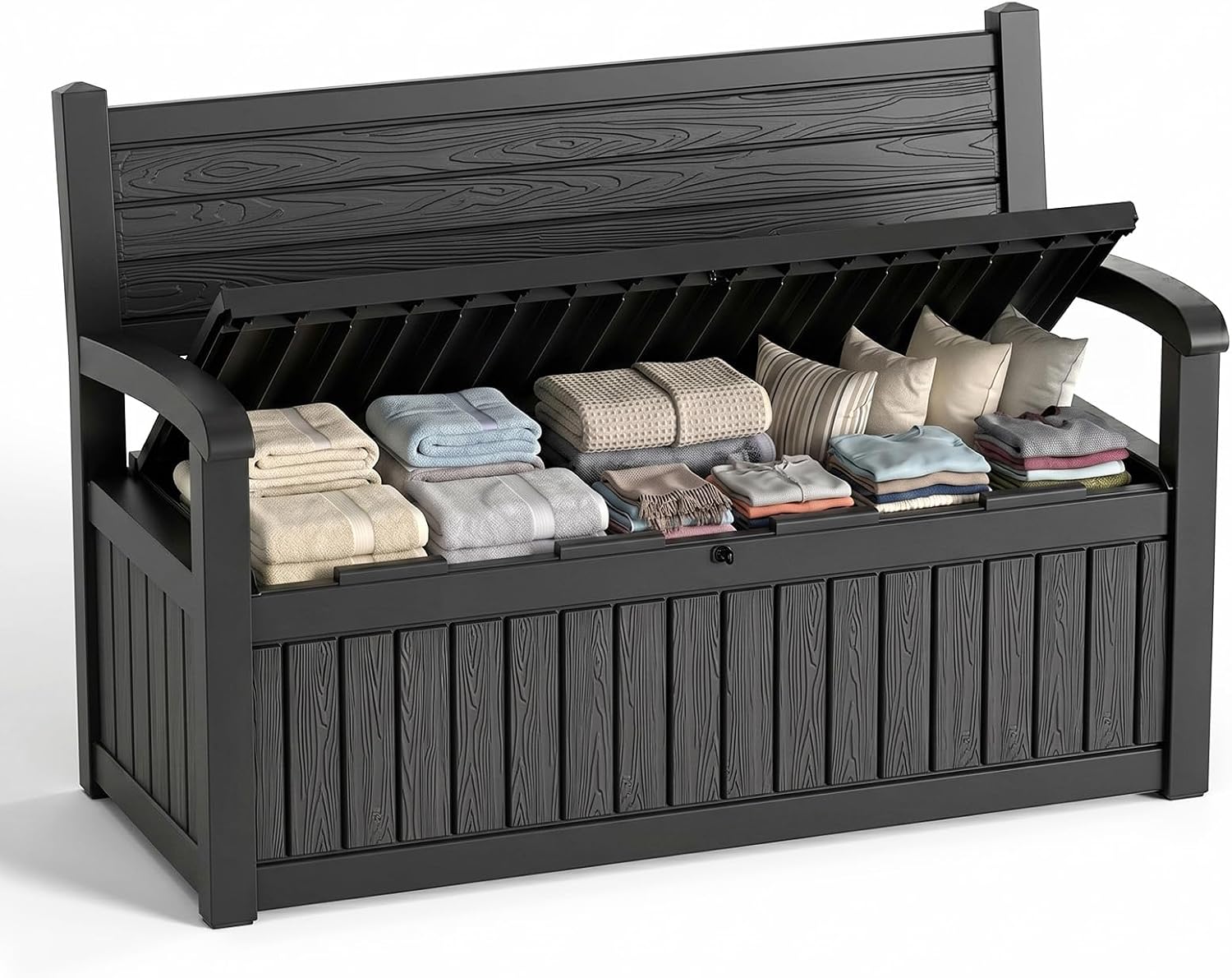 Gardening Tools Organizer - 大型屋外収納ベンチデッキボックス防水樹脂製ロック付き家具コンテナ屋外オーガナイザーポーチパティオプールガーデン用クッションツールブラック