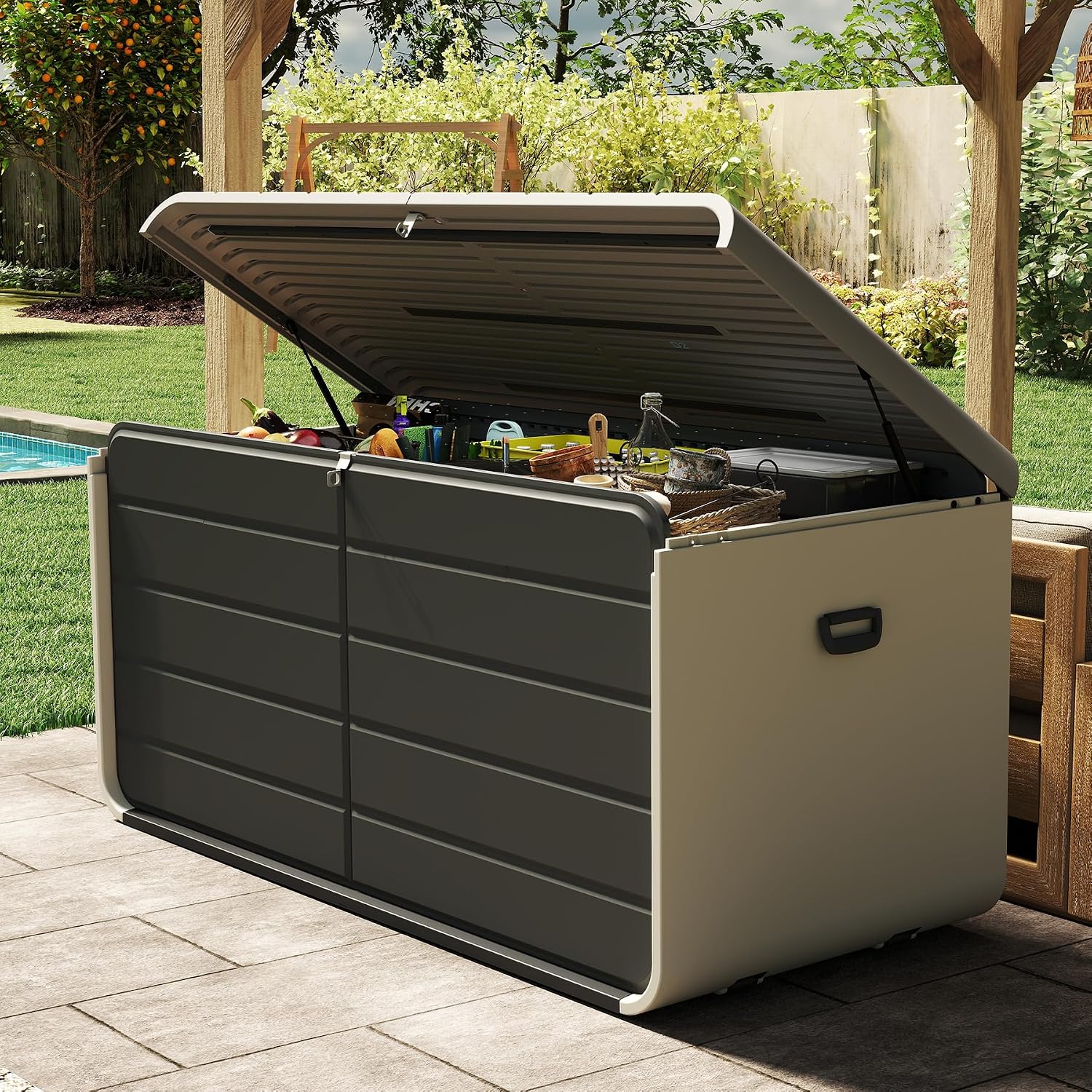 Gardening Tools Organizer - 屋内外兼用収納ボックス 200ガロン、大型防水樹脂デッキボックスオーガナイザーコンテナ、ロック可能な蓋付き、頑丈な耐候性プールサイドパティオガーデンクッションベンチキャビネット、グレー