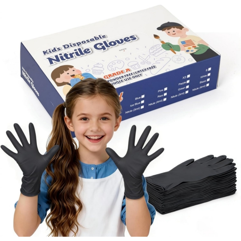 Gardening Tools Gloves - 子供用黒ニトリル使い捨て手袋 4-12 歳用 3.5mil ラテックスフリー子供用安全作業手袋 ガーデニング、塗装、DIY用