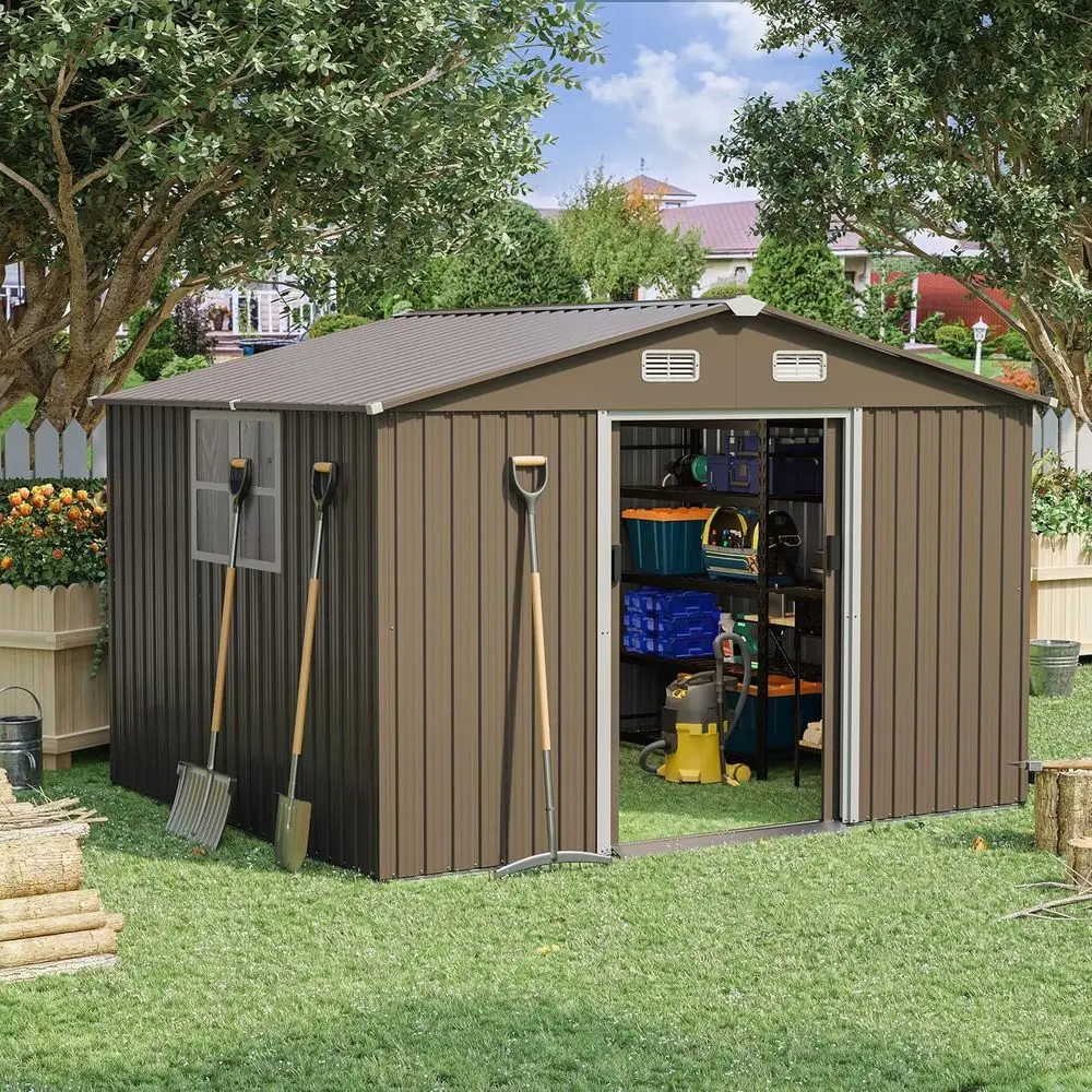 Gardening Tools - 10T x 8T 屋外用金属製収納庫（ロック可能なドア、引き戸、換気口付き）ガーデニングや芝生用具用