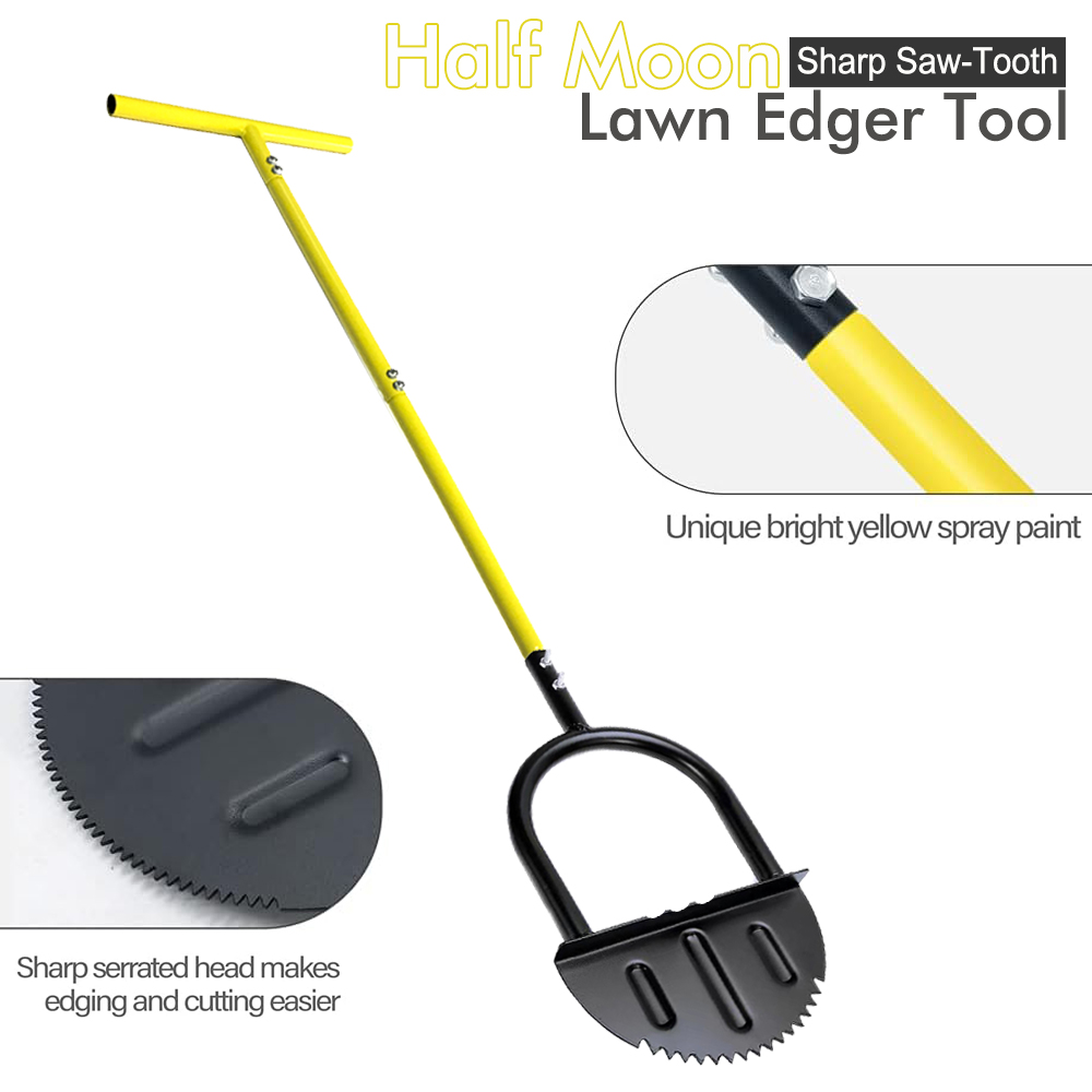 Gardening Tools Edger - ハーフムーン芝生エッジャー（ロングハンドル付き）– カーボンスチール製手動エッジングツール（庭の芝生トリミング用）、T字型グラスボーダーカッター