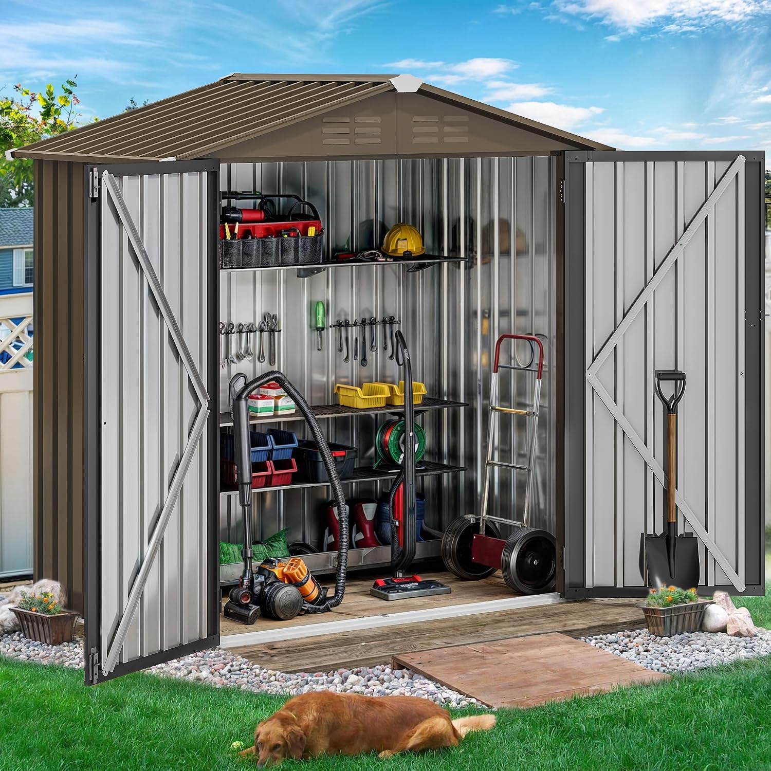 6x4フィートの金属製屋外収納庫、防水ツール小屋、頑丈な収納 - Gardening Tools のレビューと価格