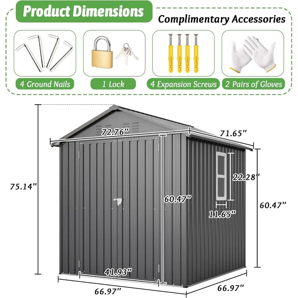 6x6フィートの亜鉛メッキ鋼製屋外収納庫（ロック可能なドア、 - Gardening Tools のレビューと価格